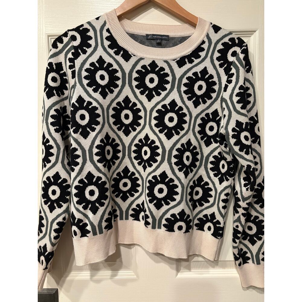 ADRIANNA PAPELL Floral Geometric Print Sweater Size Small Knit Top Retro 70s